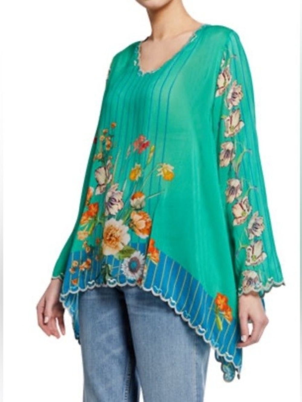 Johnny Was Stella Flare Blouse Teal Floral Scoop V Neck 3X